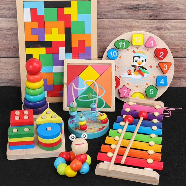 Montessori Wooden Toys Rainbow Blocks Kid Learning Game Baby Music Rattles Graphic Colorful Wooden Blocks Educational Toy