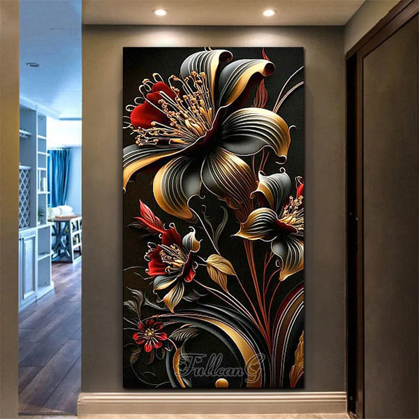 Diy 5d Diamond Painting Cross Stitch Large Size Black Golden Flowers New Collection Mosaic Embroidery Sale Wall Decor AA4571