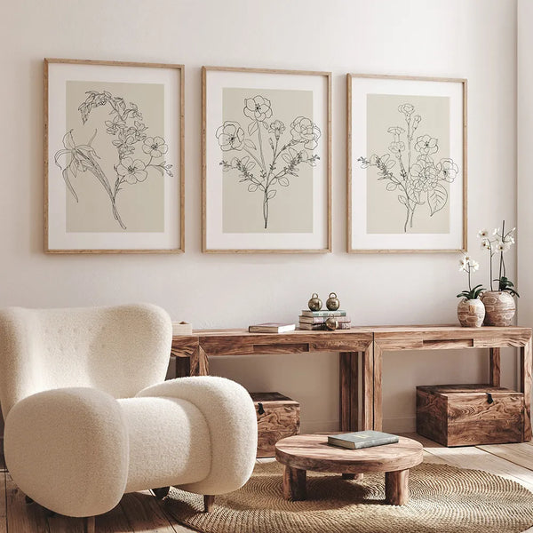 Boho Botanical Flower Line Beige Posters Wall Art Canvas Painting Minimal Floral Print Pictures Neutral Living Room Home Decor