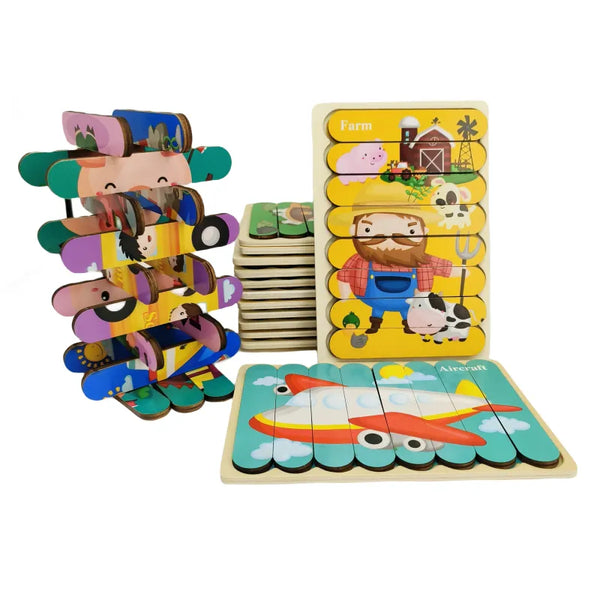 TongYueFun Wooden Toys Cartoon Animal Double-sided Creative Strip Puzzles Children Montessori Educational Game Kids Gifts