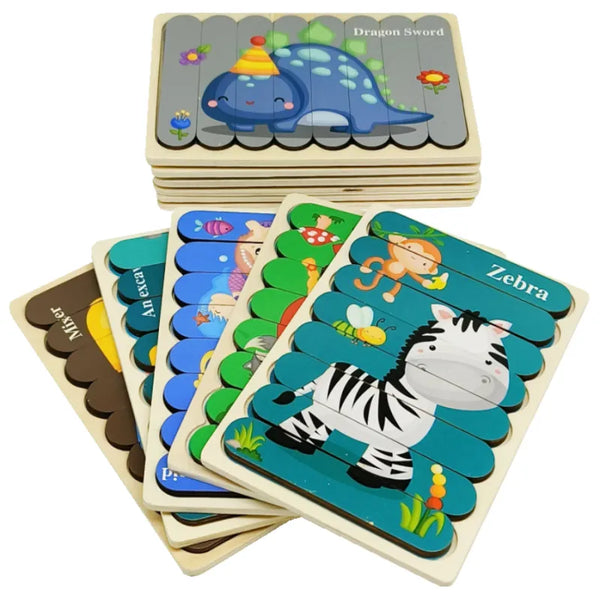 TongYueFun Wooden Toys Cartoon Animal Double-sided Creative Strip Puzzles Children Montessori Educational Game Kids Gifts